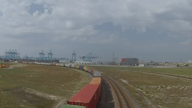 Maasvlakte Rotterdam havengebied The Netherlands 
A train of containers leaves the APM container terminals on the Maasvlakte 2.