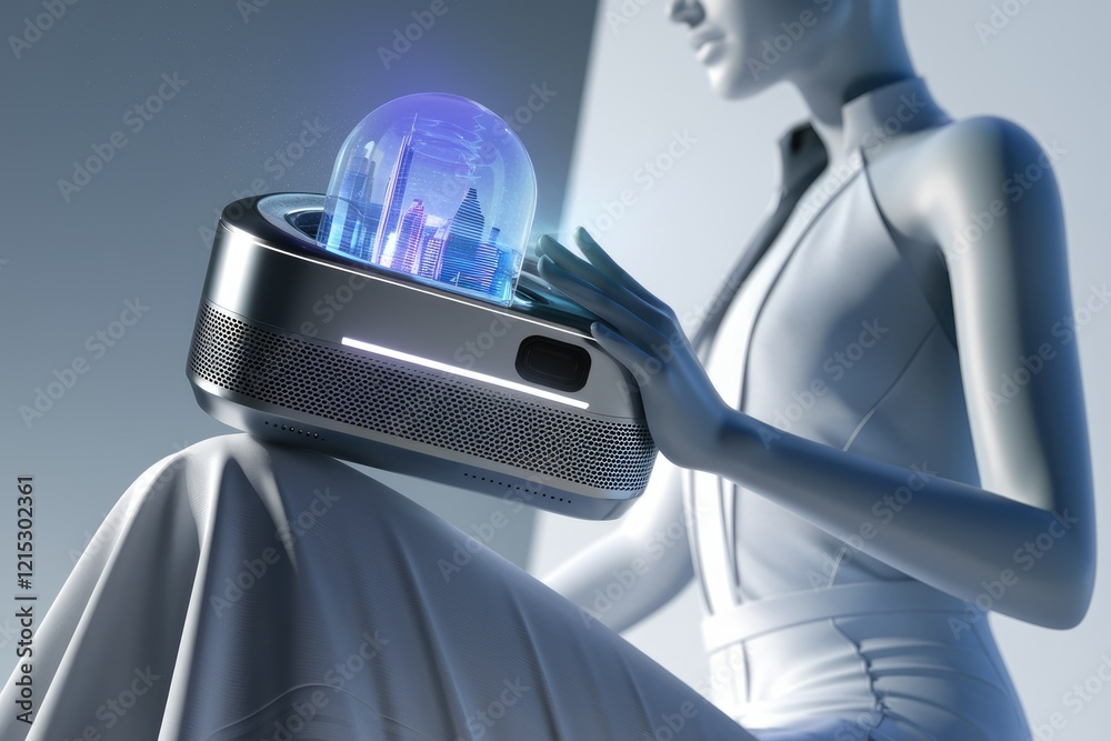 Poster a futuristic device projects a holographic cityscape, showcasing advanced technology and design.