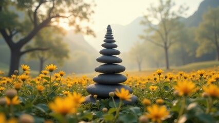 Obraz premium A stupa emerges gracefully among colorful wildflowers, expressing unity between spirituality and nature.