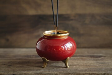 Red ceramic incense burner with golden rim and brass feet, holding two black incense sticks.