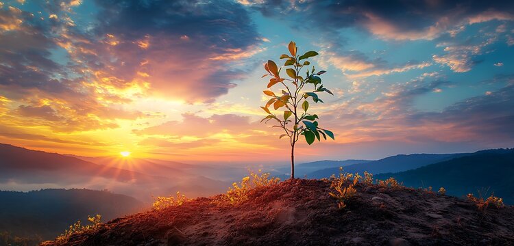 A sapling on a hilltop with a panoramic sunset sky symbolizing hope for global warming solutions