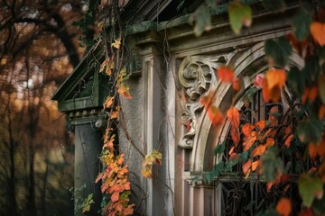 Obraz premium Autumn leaves clinging to an ornate stone structure, creating a melancholic yet beautiful scene.