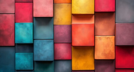 Colorful abstract arrangement of textured boxes on a wall in a contemporary art space