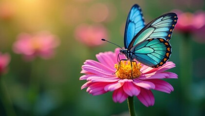 Naklejka premium Colorful butterfly on a spring flower, with dew and light background , spring, foliage, morning