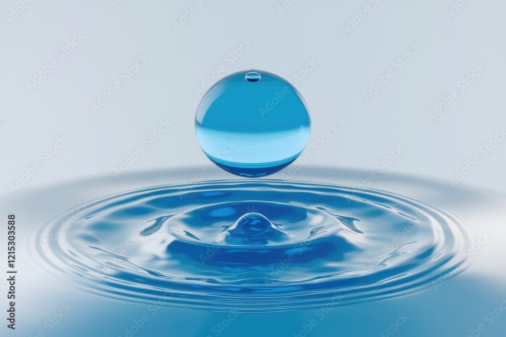 Poster a perfect sphere of water falling into still water, creating concentric ripples.