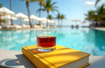 Person relaxes by swimming pool with glass of red liquor, yellow book. Holiday mood. Sun shining. Outdoors. Recreation, relaxation. Summer vacation. Sunny day. Resort vibe. Tranquil scene. Poolside