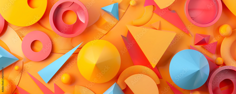 Aufkleber colorful 3d geometric shapes on a dynamic orange background