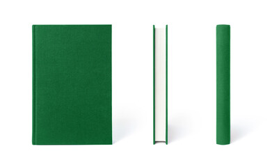 Green standing hardcover book isolated, the view from three angles.  Cover made of natural linen fabric with uneven rough texture.
