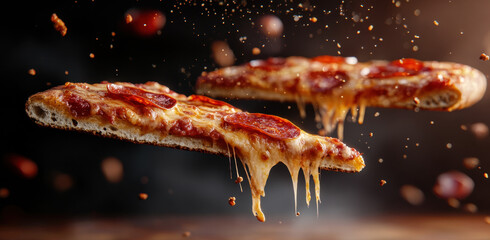 A lifelike digital creation showcases two slices of pepperoni pizza hovering in mid-air, with cheese stretching and glistening. The dark background highlights their deliciousness.