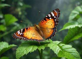 Obraz premium Delicate butterfly perched on a lush green nettle leaf, foliage, nature, wildlife