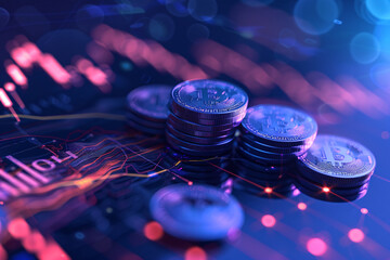 Stacked bitcoins with a digital graph backdrop signify cryptocurrency growth and technology