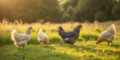 chickens in a field at sunset