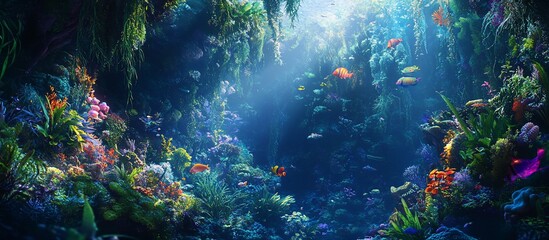 Underwater Reef Scene Vibrant fish swim in a sunlit coral cave, perfect for aquarium or ocean documentaries