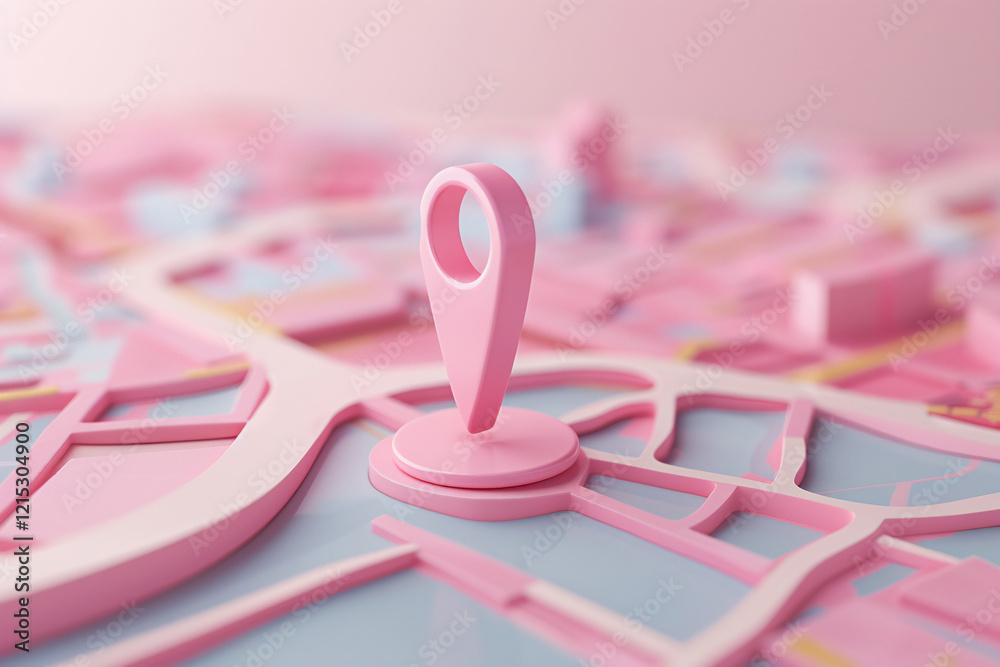 Aufkleber 3d rendering of a vibrant pink location pin on a simplified urban map backdrop
