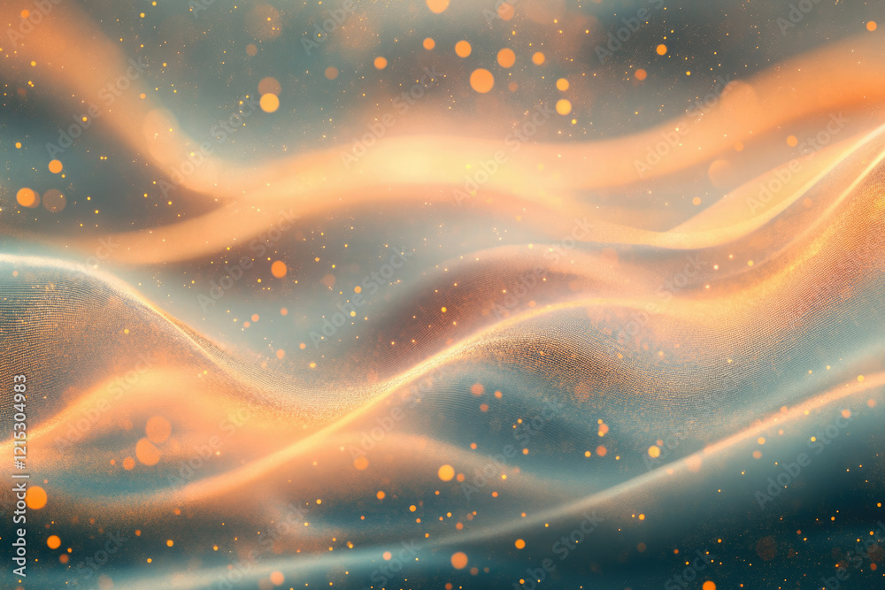 Poster Abstract background with glowing orange and teal waves, shimmering particles, and bokeh lights.