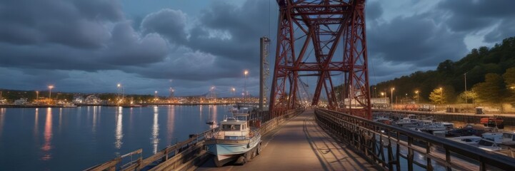 Obraz premium Double deck lift bridge with boat ramp and fishing boats in the foreground, double deck lift bridge, boat ramp