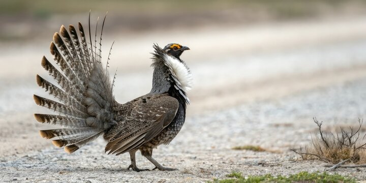 Displaying courtship behavior with raised hackle feathers, Pterocles gutturalis, hackle feathers, courtship