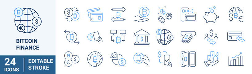 Bitcoin finance web line icons. Cryptocurrency economy. Blockchain package. Bitcoin, Vector illustration. Outline icon. Editable stroke.