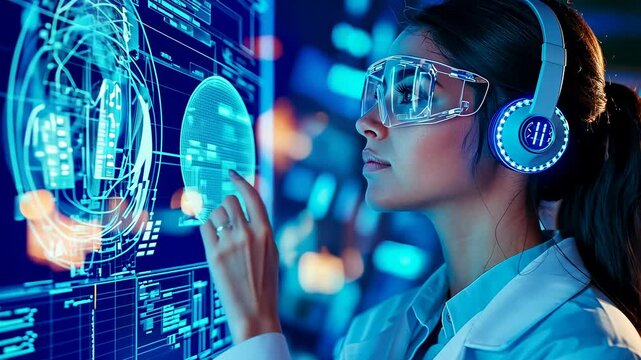 Young Asian woman interacts futuristic interface Scientist explores digital data high tech lab Professional visor examines holographic projections night setting Modern research environment