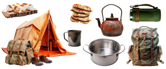 Complete Camping Gear: Orange Tent, Rustic Kettle, Metal Mugs, Hiking Backpack, Canned Fish, and Marshmallows for Outdoor Cooking and Adventure.