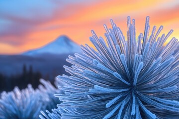 Obraz premium Frost-covered pine needles radiate outwards against a vibrant sunrise backdrop, showcasing a mountain in the distance.