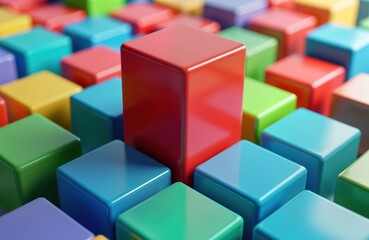 Obraz premium Abstract design with bright colorful cubes. Red cube stands out from group of cubes. Vivid colors create unique 3D pattern. Modern geometric shapes. Unique pattern design idea. Concept of leadership,