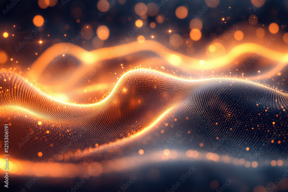 Aufkleber glowing orange particles form a dynamic, wavy abstract pattern against a dark background with bokeh 