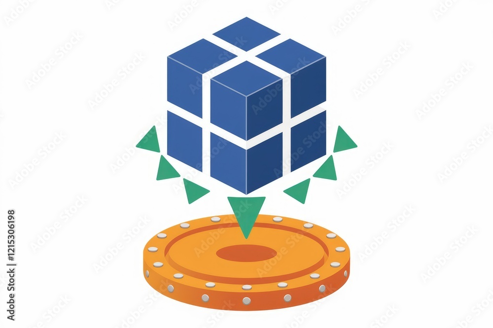 Poster A 3D cube model hovers above a circular platform, possibly representing data visualization or digital transformation.