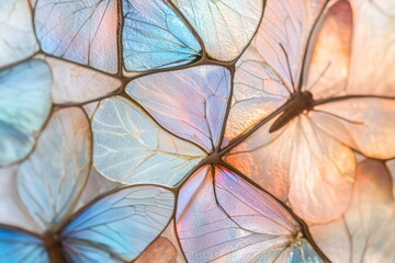 Intricate mosaic of iridescent butterfly wings, showcasing delicate veins and pastel hues.
