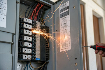 A person is adjusting a circuit breaker, creating sparks, highlighting electrical work and safety concerns.