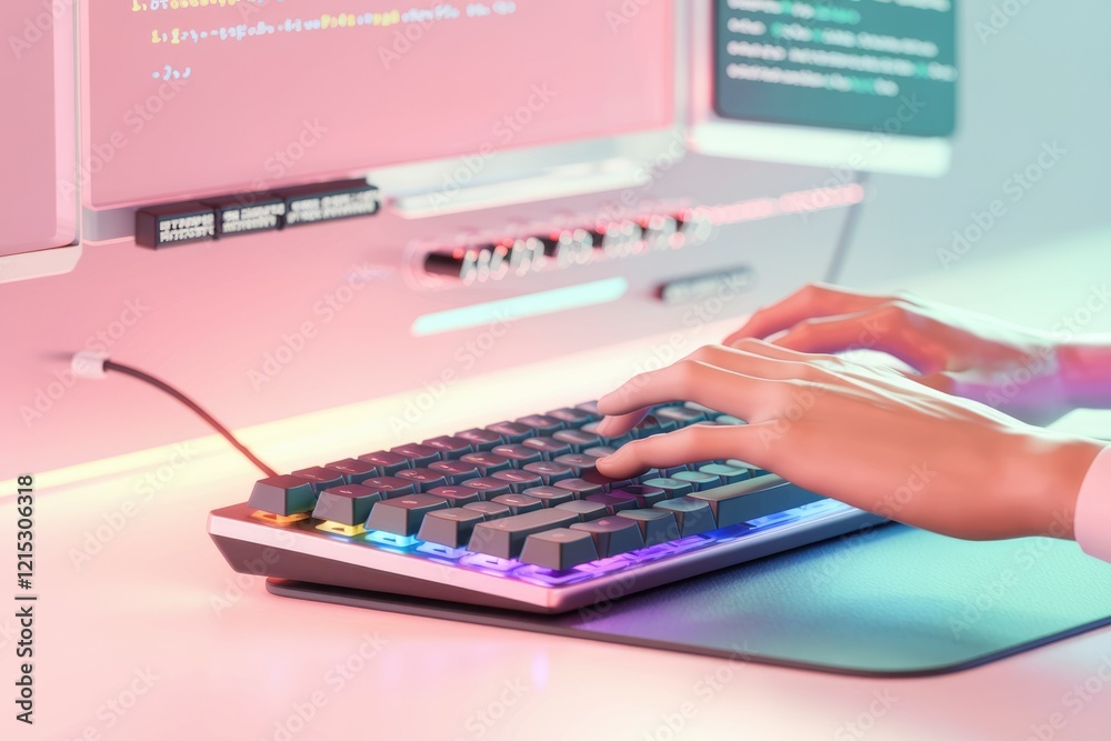 Aufkleber Person coding on a keyboard with RGB lighting, showcasing software development.