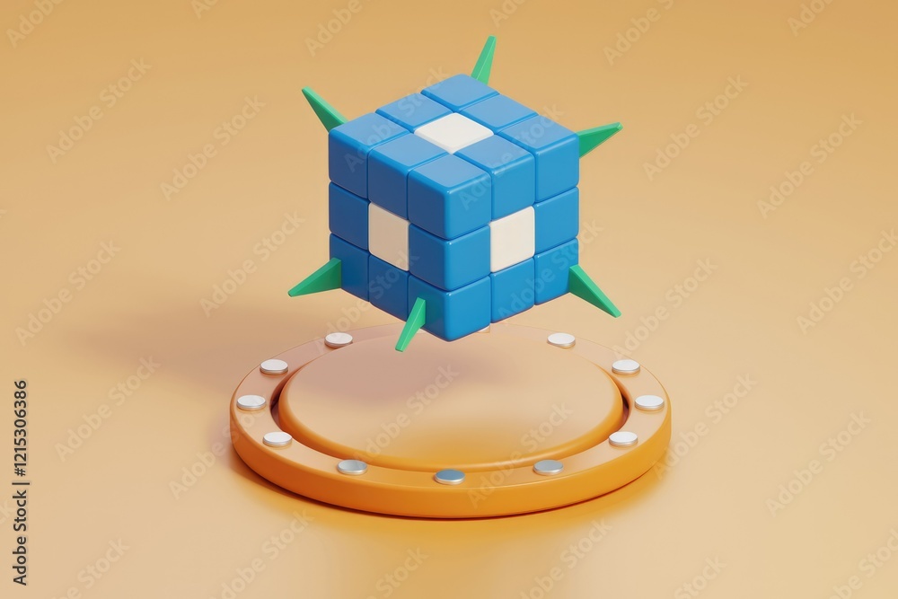 Poster a 3d rendered blue cube with white squares and green spikes levitates above an orange circular platf