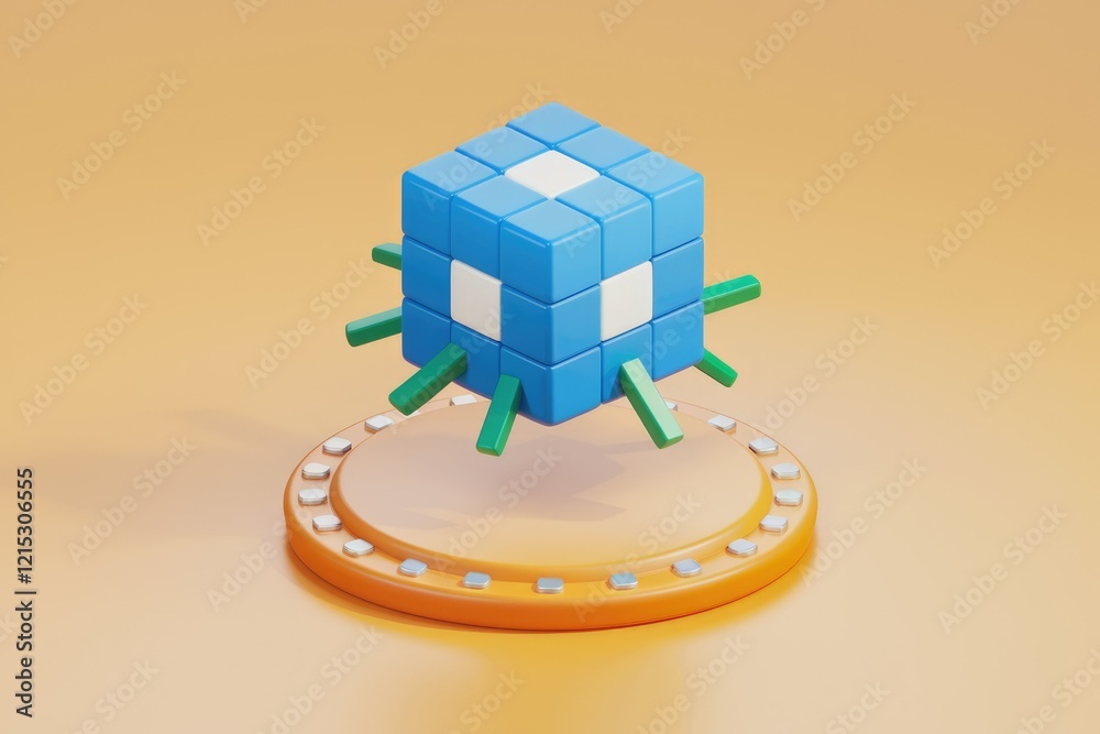Poster a 3d rendered blue cube with green appendages levitates above an orange circular platform.