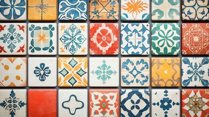 Colorful patterned tiles arranged on gray background, showcasing diverse designs for home decor
