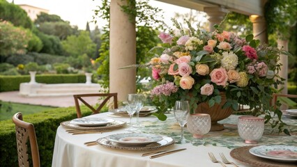 Elegant dining table surrounded by lush greenery and vibrant floral arrangement in soft pastel hues, sophisticated, beauty, table setting