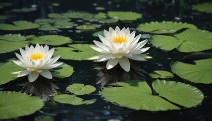 Elegant white water lily with delicate petals against green lily pads, petals, aquatic plant