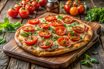 A delicious pizza topped with fresh tomatoes and herbs, served on a wooden board beside ripe tomatoes and fresh basil.