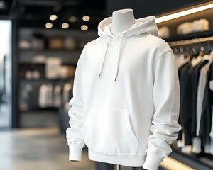 A white hoodie is displayed in a store with green walls and shelves