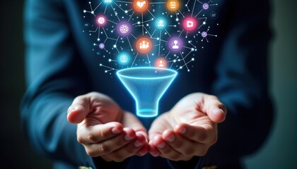 Person holds digital marketing funnel with tech icons. Sales process visualization. Prospect conversion concept. Business strategy for attracting customers online. Showing growth, optimization in
