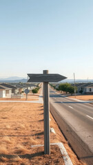 Empty landscape with a solitary arrow on a pole near the road in a quiet residential area,  empty landscape,  simple landscape,  isolated setting,  outdoor setting, residential street