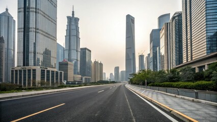 Fototapeta premium Empty asphalt road passing through the heart of a modern city amidst towering skyscrapers and office buildings, modern cityscape, empty road, urban sprawl, concrete highway