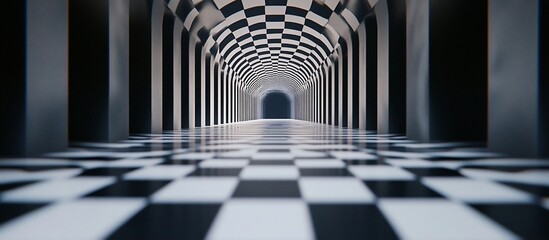 Checkered hallway, infinite perspective, dark background, design concept