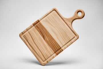Fototapeta premium A rustic wooden cutting board with a handle, ideal for chopping vegetables or serving cheese.