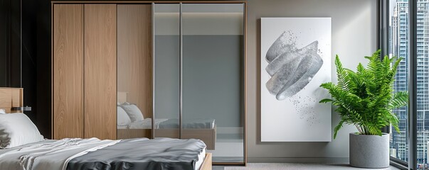 A chic minimalist bedroom with a wardrobe in light walnut wood and tinted gray glass sliding doors