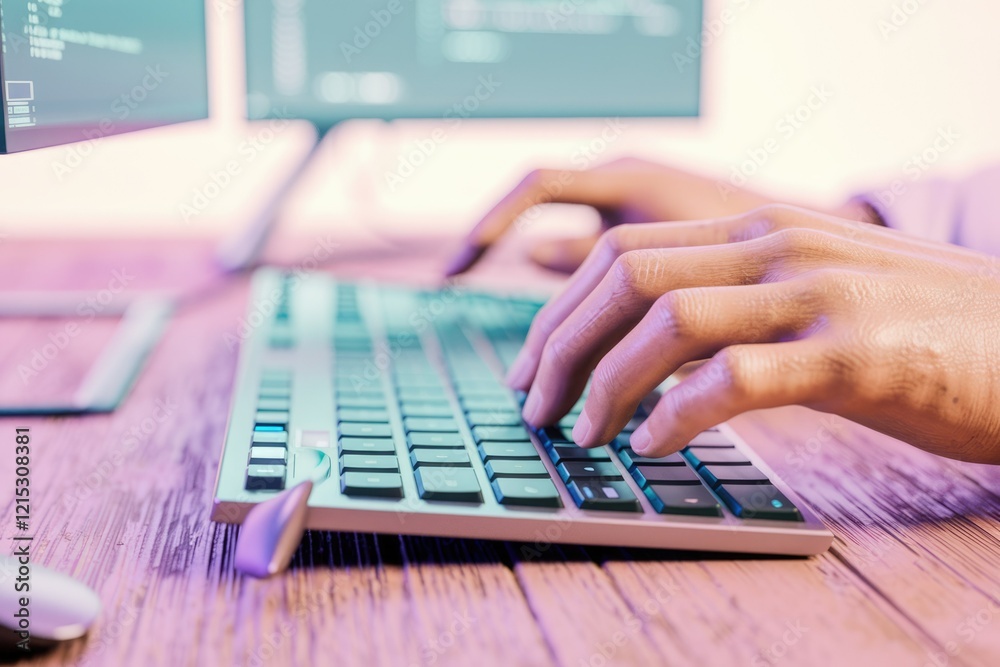 Poster Close-up of hands typing code on a keyboard in front of computer screens.