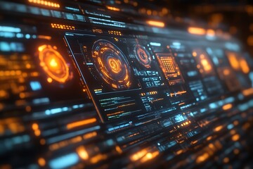 Futuristic digital interface with glowing orange and blue HUD elements.