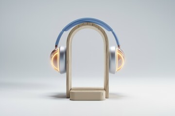 Stylish light blue headphones with a wooden stand, perfect for music lovers.