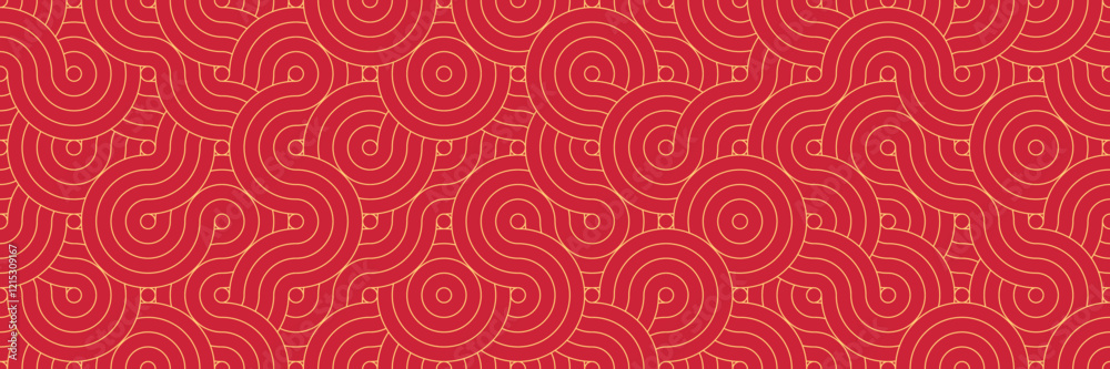 Poster horizontal gold line oriental design on red for pattern and background.