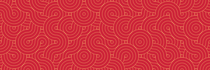 horizontal gold line oriental design on red for pattern and background.