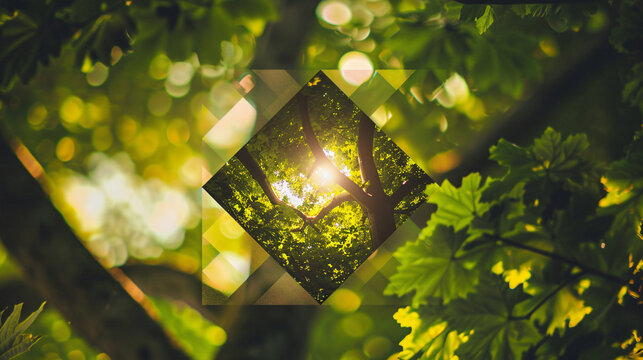 Geometric overlay on a vibrant image of sunlight filtering through green tree leaves